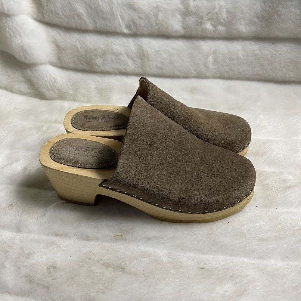 Rag & Co Darcie taupe suede clogs wooden block heels EUR 38